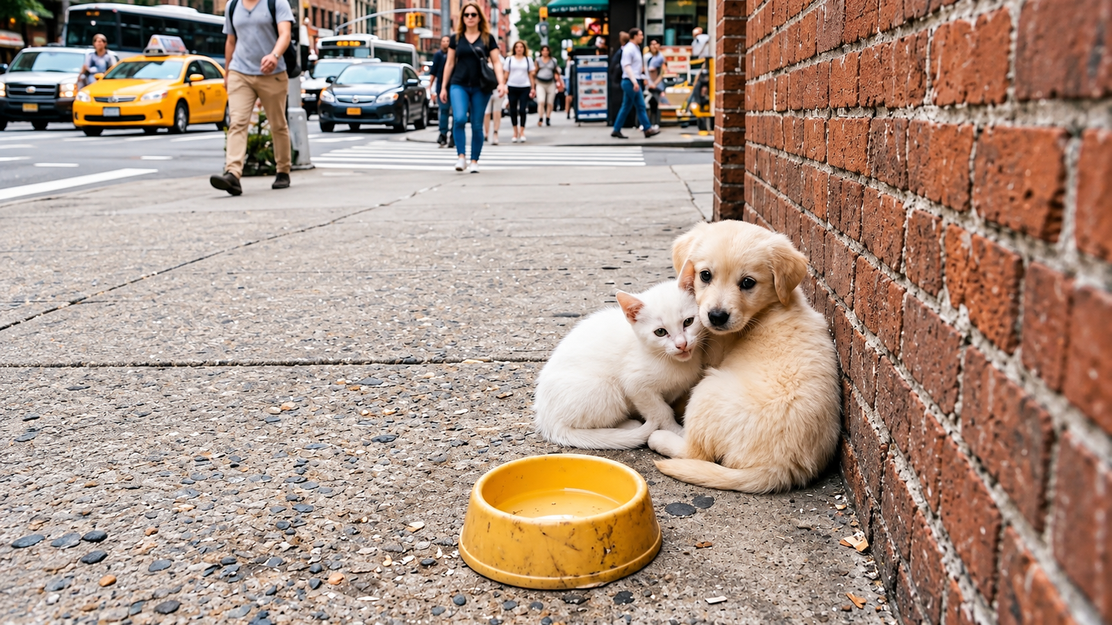 Hungry Baby Dog and Baby Cat Cuddle Together Beside an Empty Bowl, Waiting for Help